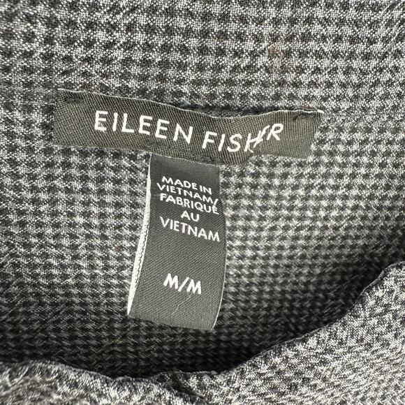 Eileen Fisher Medium Mini Check Crepe Mandarin Collar Top Gray Lyocell Classic - Picture 8 of 9